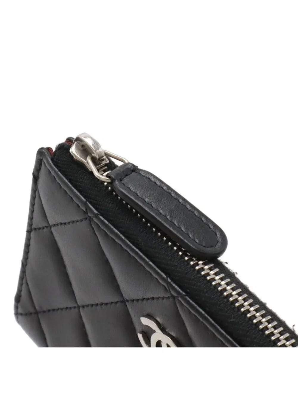 Chanel Quilted CC Logo Coin Purse L-Shaped Zipper Lamb Black Silver Key Ring